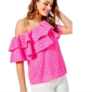 Lilly Pulitzer Trixie One-Shoulder Ruffle TopRaz Berry Sun Burst Eyelet